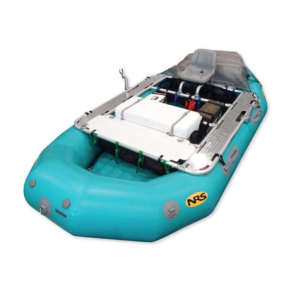 The Down River Equipment Gunnison XD 4-Bay Diamond Plate Raft Frame is a teal inflatable raft with a sturdy metal frame and seat, storage compartments, and adjustable fittings for customizable comfort.