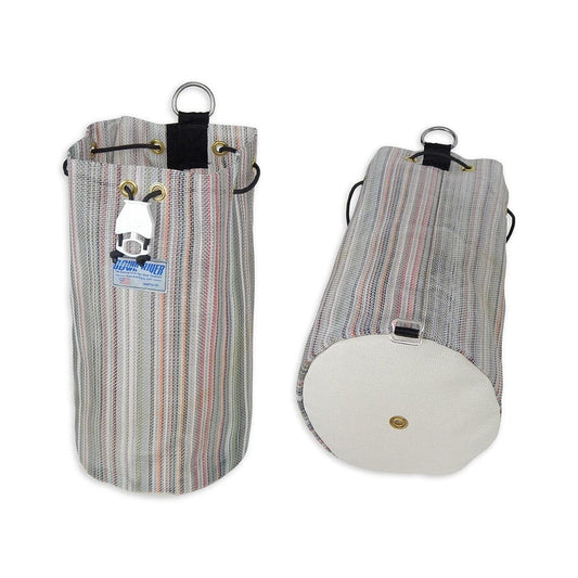 Two Down River Equipment All-In-One Drag Bags featuring striped canvas with grommets and shoulder straps, designed for durability. These sturdy gear bags are displayed both upright and on their side, showcasing top and bottom views for easy inspection.