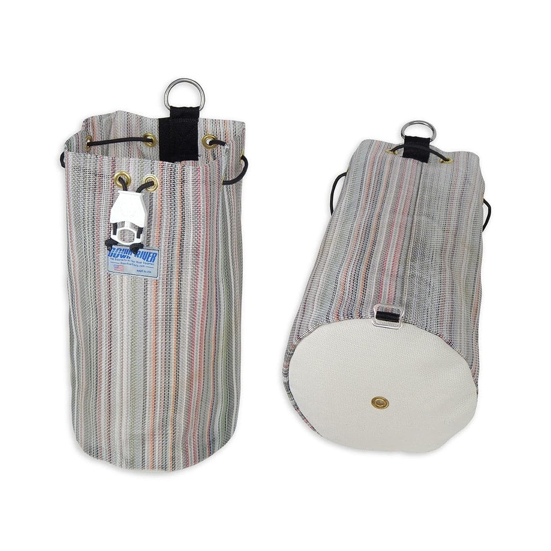 Two All-In-One Drag Bags by Down River Equipment, featuring stripes and quick access system; one bag stands upright with a metal ring and rope handles, the other is flat showcasing its circular bottom.