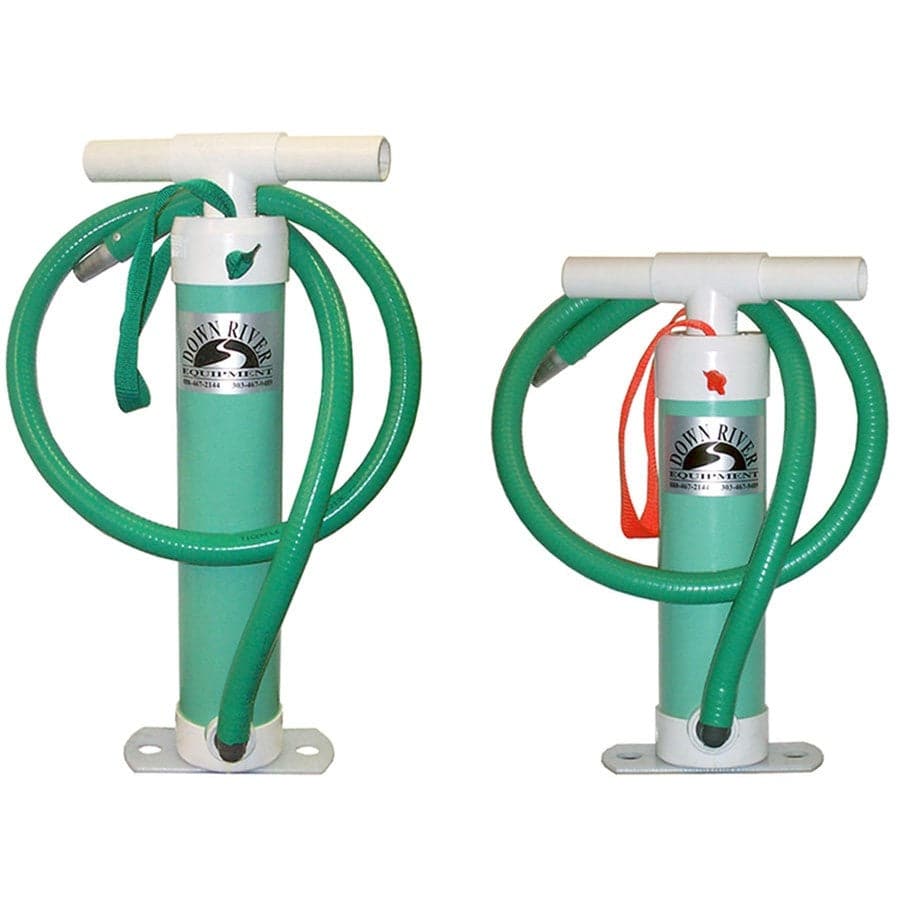 Down River Equipment's two green manual 4in Barrel Pumps, available in tall or short versions, include coiled Tigerflex hoses, T-shaped handles, and printed logos. The tall model highlights a robust design and dependable functionality.