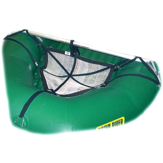 Down River Equipment's Cargo Floors feature a green inflatable raft with PVC-coated mesh netting at the center and sturdy black cam buckle straps for secure fastening.