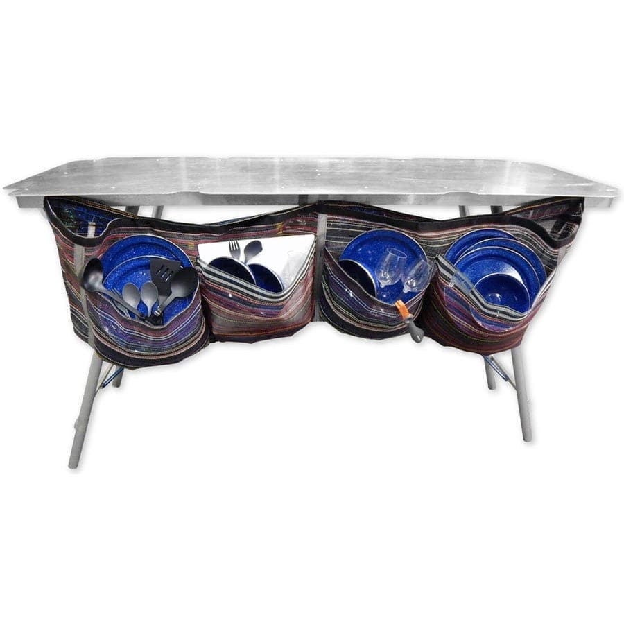 The Down River Equipment Dish Drying Bags feature a metal countertop and fabric skirt with pockets for organizing blue enamel pots, pans, and cutlery. The durable PVC mesh construction makes it perfect for efficiently managing campsite essentials.