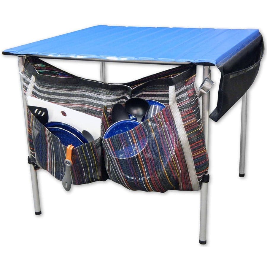 The portable camping table has a blue top and PVC mesh, featuring side pockets for utensils and plates. It's designed to complement Down River Equipment's Dish Drying Bags for an organized outdoor cooking experience.