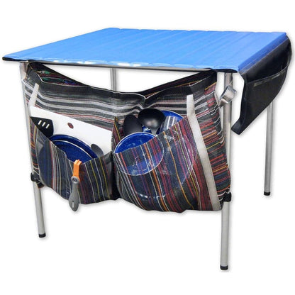 The portable camping table has a blue top and PVC mesh, featuring side pockets for utensils and plates. It's designed to complement Down River Equipment's Dish Drying Bags for an organized outdoor cooking experience.