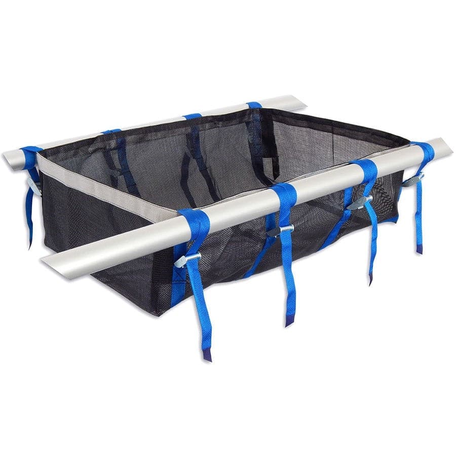 The Down River Equipment Mesh Drop Bags feature a black PVC-coated mesh cargo net with blue straps and metal poles, designed for secure attachment to vehicle roofs, ensuring easy transport.