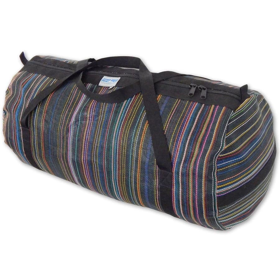 The Mesh Duffel by Down River Equipment features bold vertical stripes, durable mesh accents, a zippered top for paddling gear storage, and two black carry handles.
