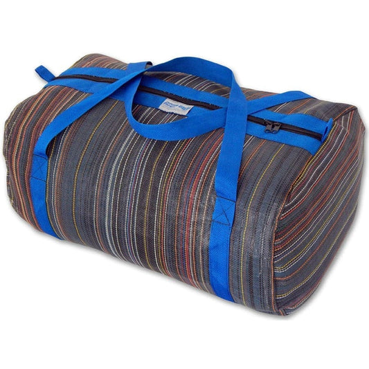 The Mesh Duffel by Down River Equipment is a striped bag with blue handles and a zipper, made of heavy-duty mesh for durability, ideal for quick-drying paddling gear.