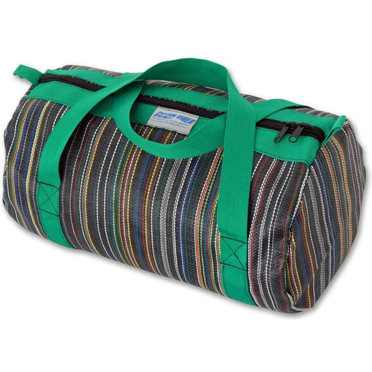 The Down River Equipment Mesh Duffel features multicolored stripes, green handles, and a zipper closure. It's perfect for carrying paddling gear and is made from heavy-duty mesh for quick drying after each adventure.