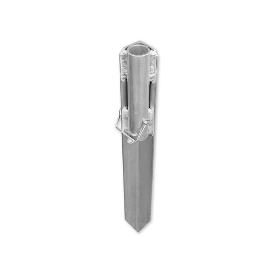 The Sand Stake Umbrella Stand Combo by Down River Equipment features a metal pole with a hexagonal base and looped handle, standing upright on a white background like an innovative umbrella stand.