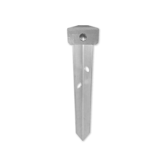 The Down River Equipment Aluminum Sand Stake features a hexagonal top, pointed end, central round hole, and two oval holes on its shaft. Its heavy-duty construction is perfect for securing boats, shown against a plain white background.