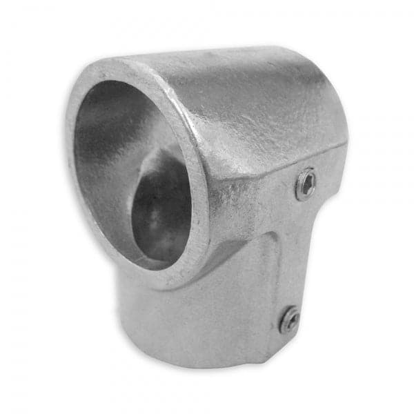 The Speedrail #5E Tee Fittings by Down River Equipment connect metal pipes with a cylindrical opening and right-angled base, featuring two visible screws. They're perfect for raft frames with adjustable cross bars, ensuring a secure and versatile assembly.