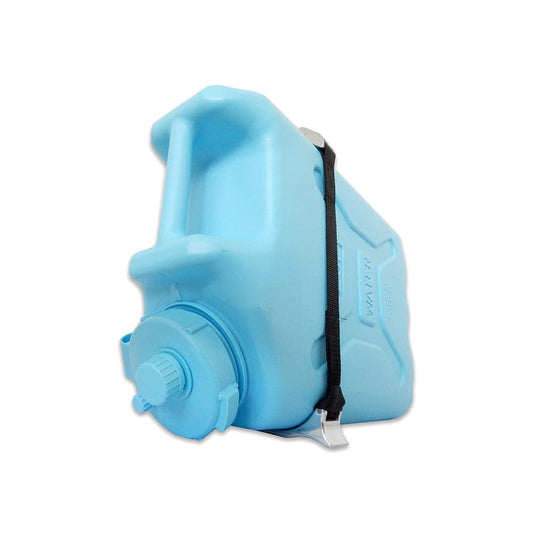 Blue water container with spout and black side strap, ideally designed for the Down River Equipment Scepter Water Jug Stand.