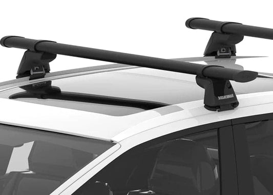 Featuring the Ridgeline Towers roof rack manufactured by Yakima shown here from one angle.