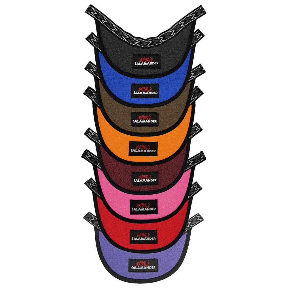 A stack of vibrant Beak Helmet Visors by Salamander showcases the distinctive logo, crafted precisely with closed-cell foam for superior comfort and durability.