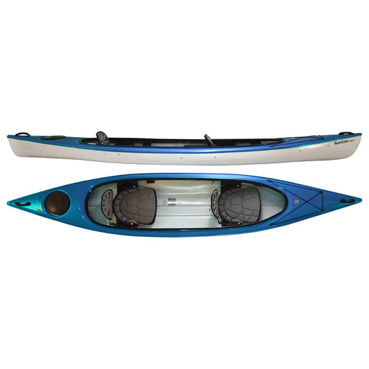 Featuring the Santee 140T sit-inside rec / touring kayak, tandem / 2 person rec kayak manufactured by Hurricane shown here from one angle.