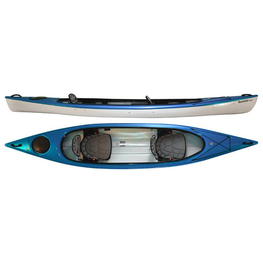 The Santee 140 Tandem by Hurricane Kayaks, expertly crafted with Trylon Construction, features blue and white colors, shown from the side and top views. It offers two seats with supportive backrests for a lightweight kayaking experience for two.