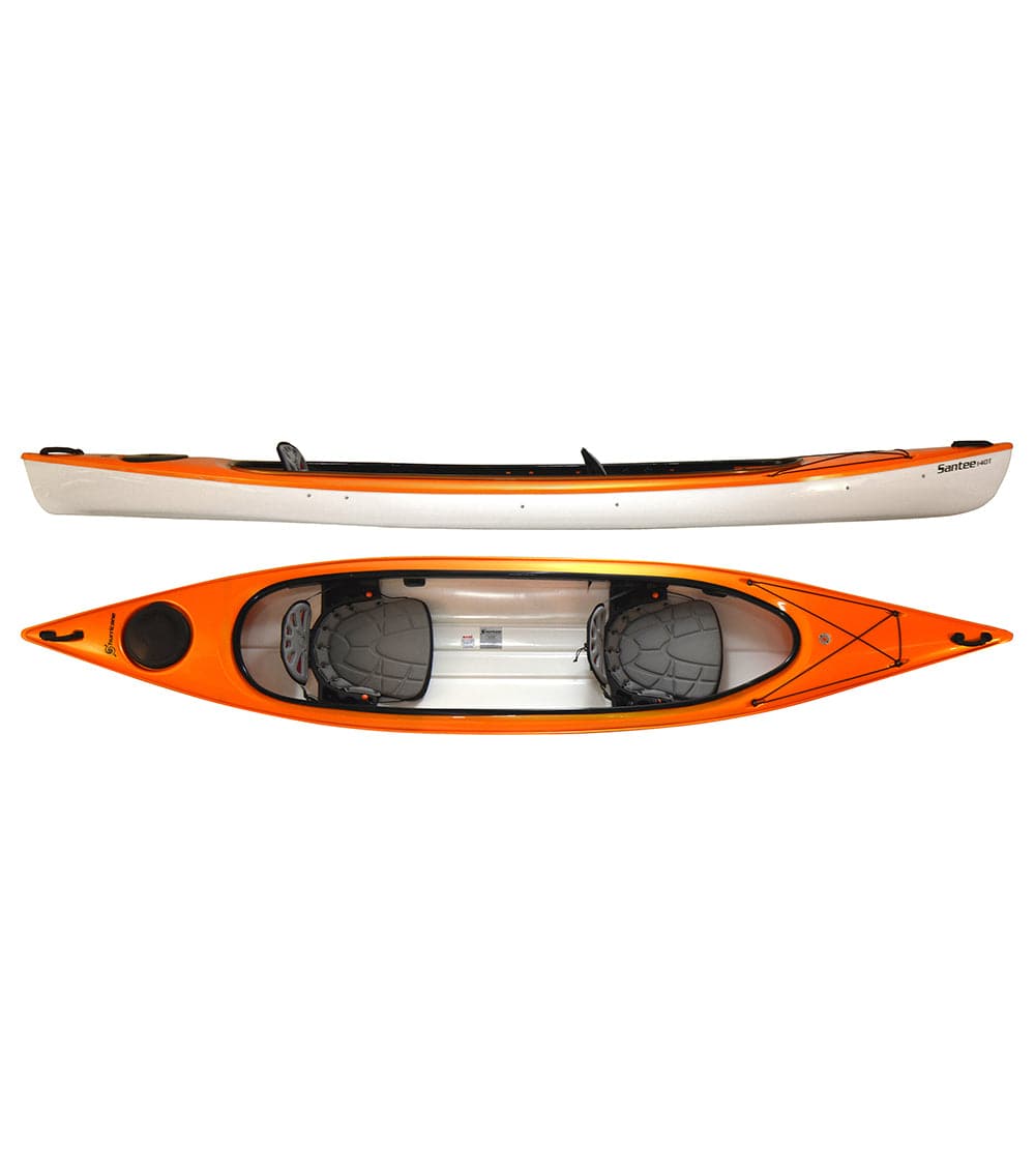 Two lightweight Hurricane Santee 140 Tandem kayaks on a white background.