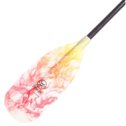 The Werner Paddles Guide Stick kayak paddle has a black handle and vibrant fiberglass blades in a swirl of yellow, orange, and red hues.