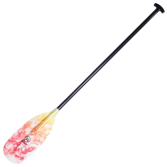 The Werner Paddles Guide Stick kayak paddle has a long black shaft and fiberglass blades with a marbled red, yellow, and white pattern.