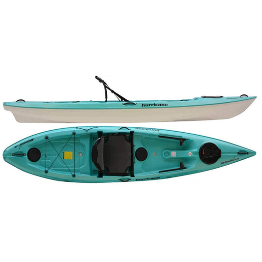 Top and side views of the Skimmer 116 1st Class by Hurricane Kayaks, a turquoise sit-on-top kayak with a touring style hull, featuring a black seat and handle.