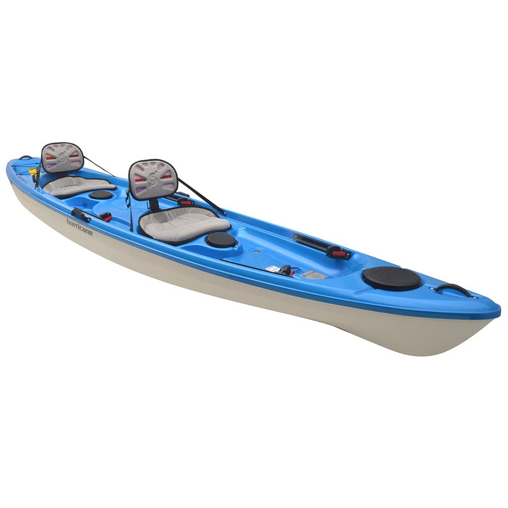 The Skimmer Tandem 140 by Hurricane Kayaks is a lightweight blue and white tandem kayak with two padded seats and ample storage compartments.