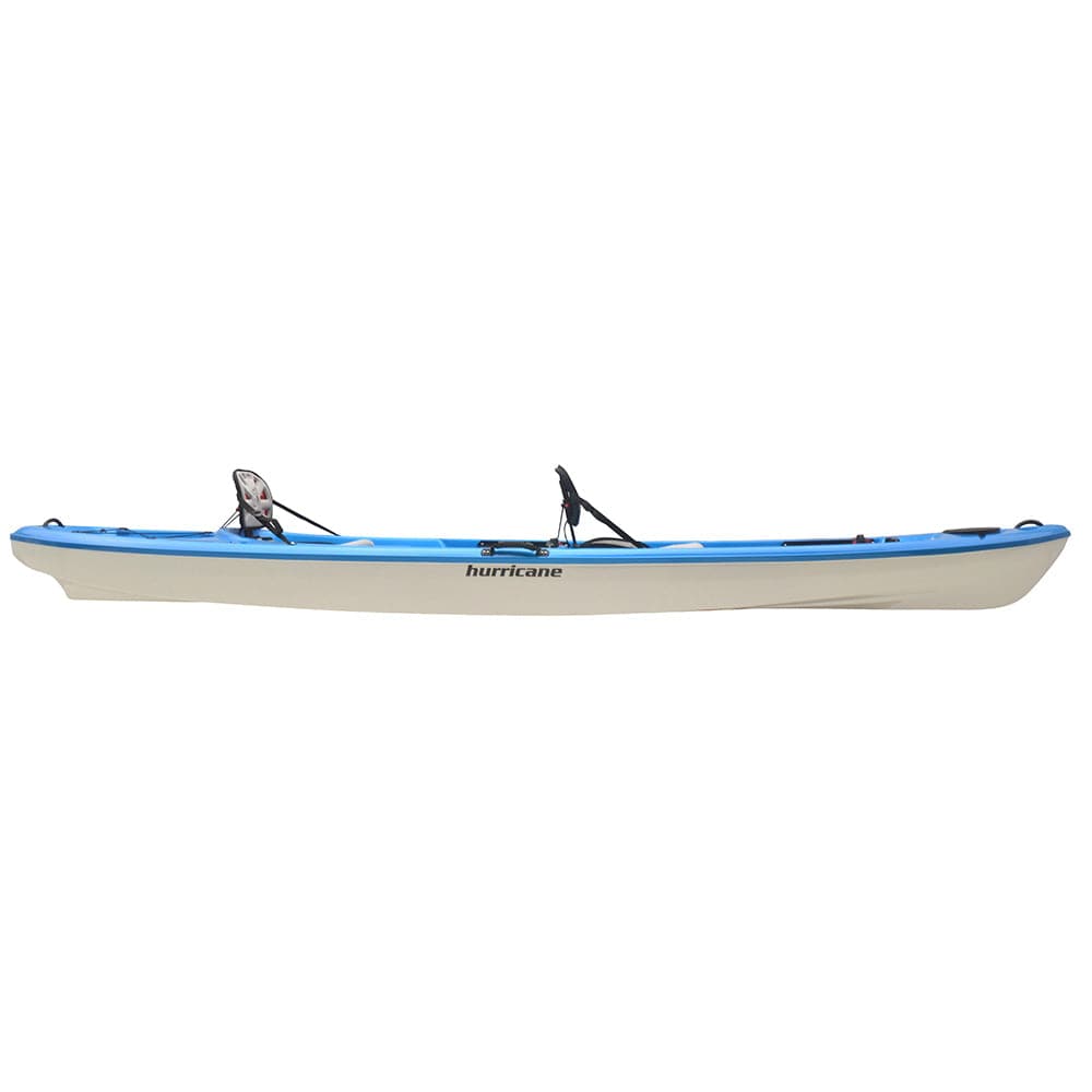 Side view of the Skimmer Tandem 140 by Hurricane Kayaks, a lightweight blue and white kayak with black straps and a gray seat, showcasing its sleek design.