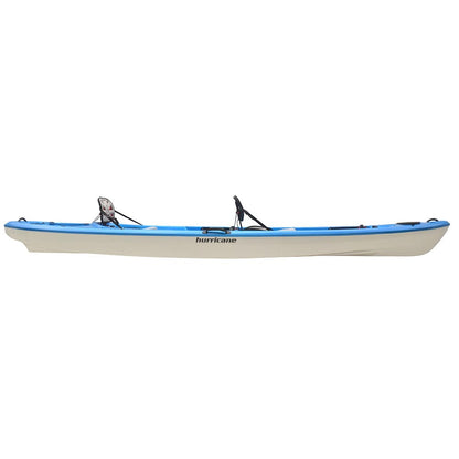 Side view of the Skimmer Tandem 140 by Hurricane Kayaks, a lightweight blue and white kayak with black straps and a gray seat, showcasing its sleek design.