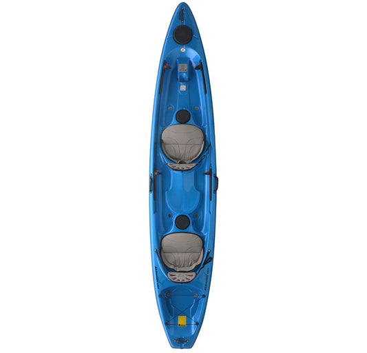 Top view of the stylish Skimmer Tandem 140 from Hurricane Kayaks in blue, showcasing two gray seats plus convenient storage compartments.
