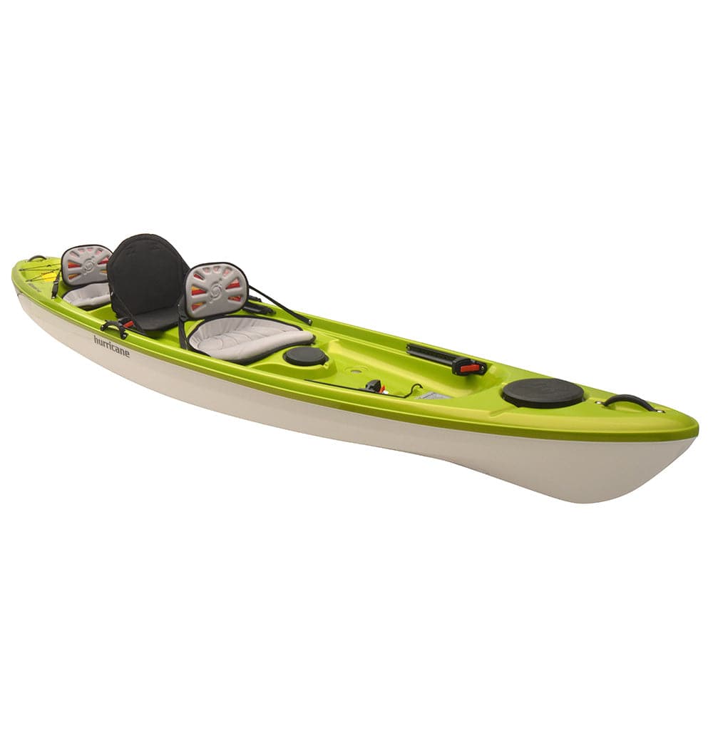 The Skimmer Tandem 140 by Hurricane Kayaks is a lightweight green and white sit-on-top tandem kayak, offering two seats and convenient storage compartments.