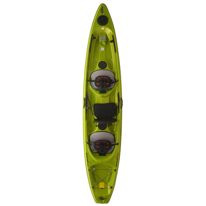 The Skimmer Tandem 140 from Hurricane Kayaks is a sleek, lightweight kayak for two, featuring sit-on-top seats, cup holders, and storage compartments.