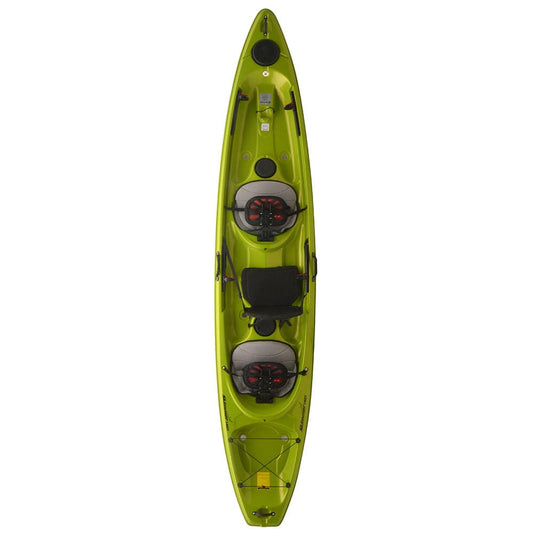 The Skimmer Tandem 140 from Hurricane Kayaks is a sleek, lightweight kayak for two, featuring sit-on-top seats, cup holders, and storage compartments.
