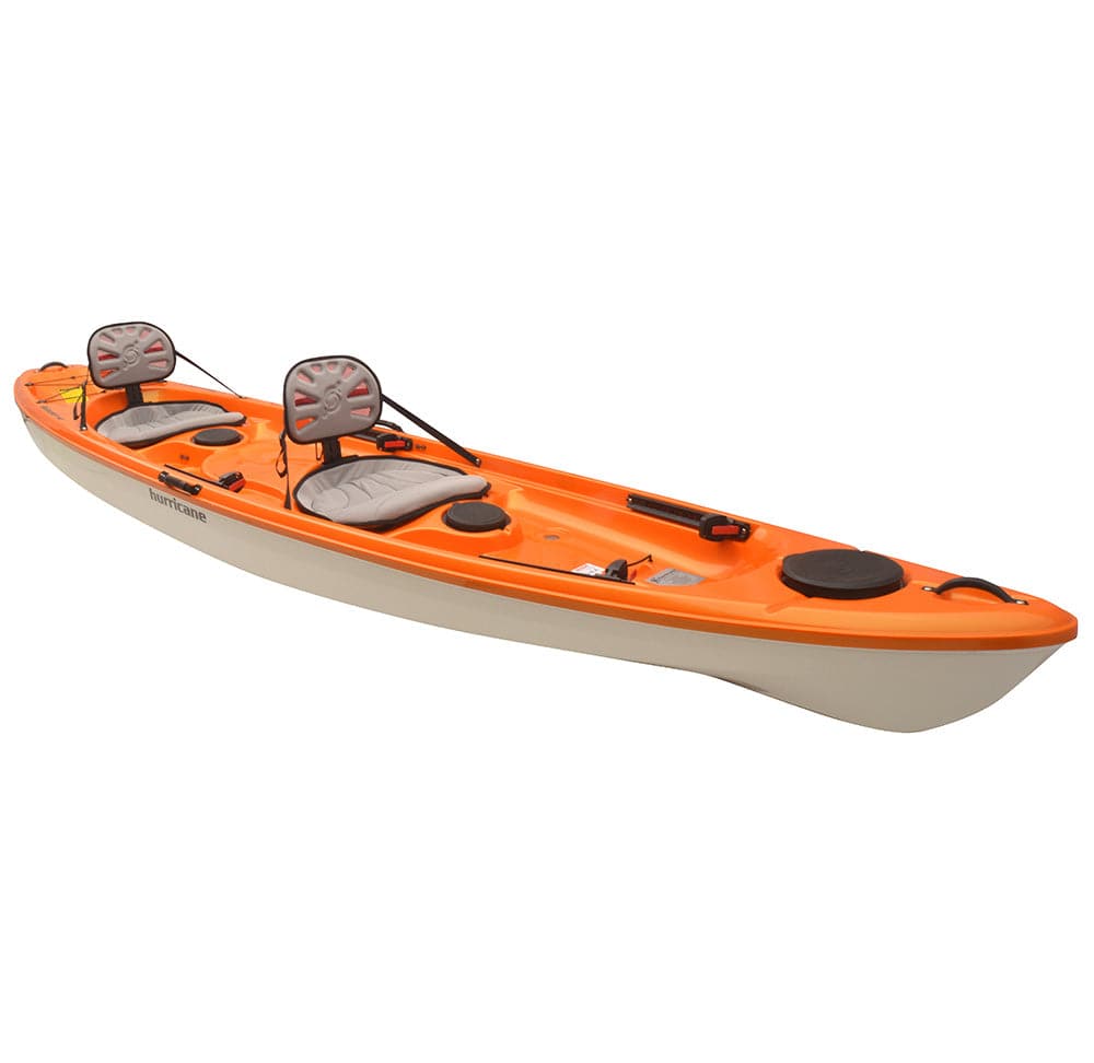 The Skimmer Tandem 140 by Hurricane Kayaks is a lightweight sit-on-top tandem kayak in orange and white, featuring two seats and storage compartments.