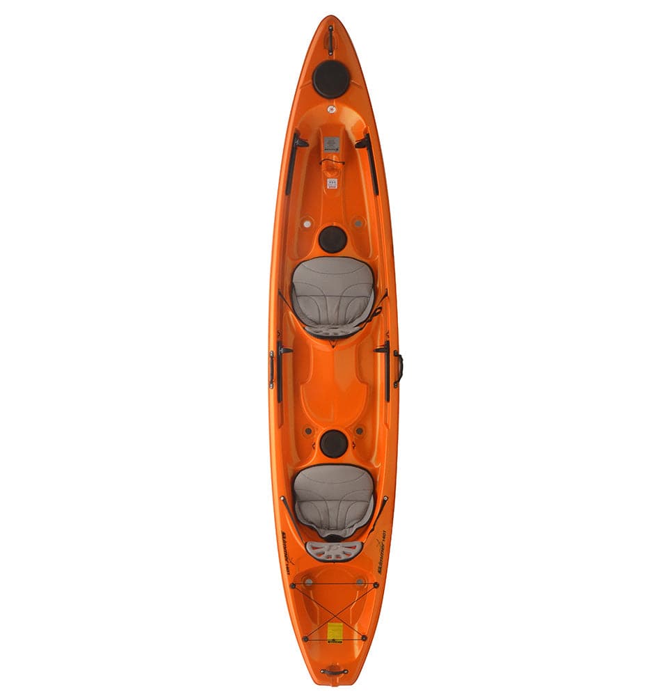 The Skimmer Tandem 140 from Hurricane Kayaks is a lightweight sit-on-top kayak featuring two gray seats and black handles on each side, ideal for adventurers.