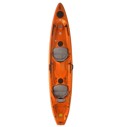The Skimmer Tandem 140 from Hurricane Kayaks is a lightweight sit-on-top kayak featuring two gray seats and black handles on each side, ideal for adventurers.