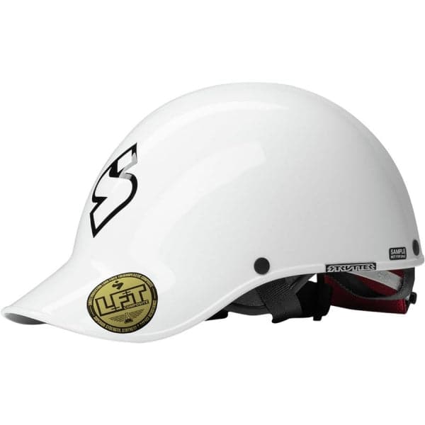 The Strutter Helmet by Sweet Protection is crafted with carbon fiber for durability, featuring a white safety design with a black logo, gold and black sticker, and an adjustable strap underneath.