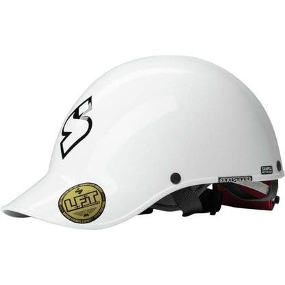 The Strutter Helmet by Sweet Protection is crafted with carbon fiber for durability, featuring a white safety design with a black logo, gold and black sticker, and an adjustable strap underneath.
