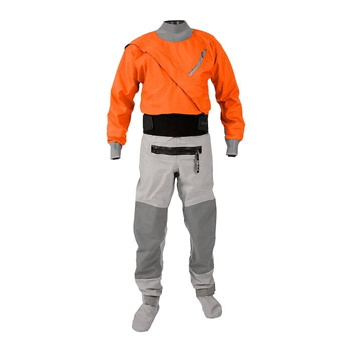 The Kokatat Hydrus 3.0 Meridian Men's Drysuit in orange and gray includes a black waistband and zipper, providing outstanding waterproof protection for water activities.