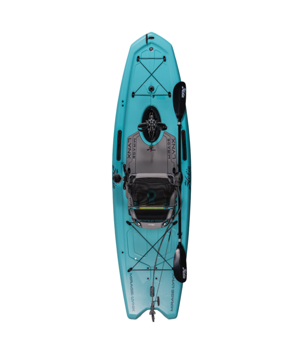 Featuring the Lynx 11 fishing kayak, pedal drive kayak manufactured by Hobie shown here from an eighth angle.