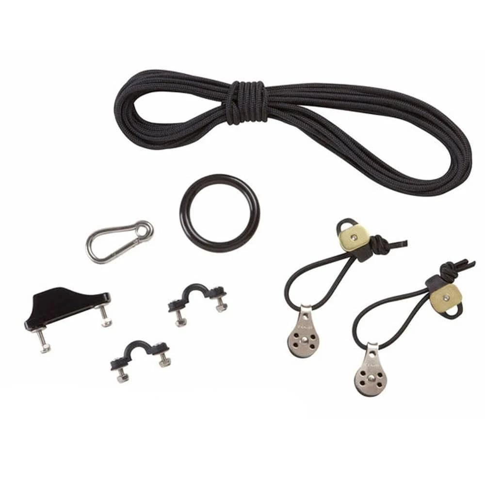 The Harmony Gear Anchor Trolley Kit, featuring a coiled black rope, metal ring, hook, pulley blocks, and clamps, is ideal for a kayak anchor trolley or efficient pulley system—displayed on a white background.