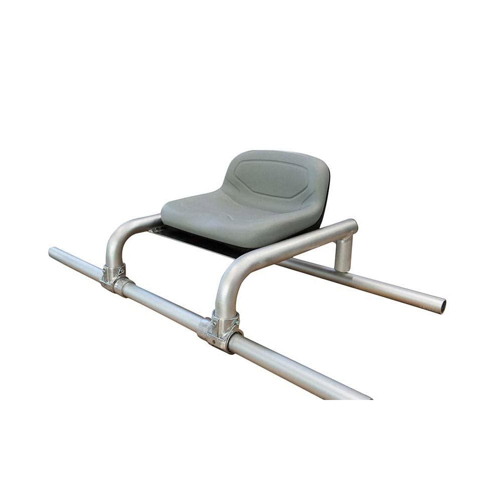The Down River Equipment Cope & Weld Flip Seat Bracket features a dock bench with a gray seat and backrest on a metal frame with horizontal support bars, offering added convenience.