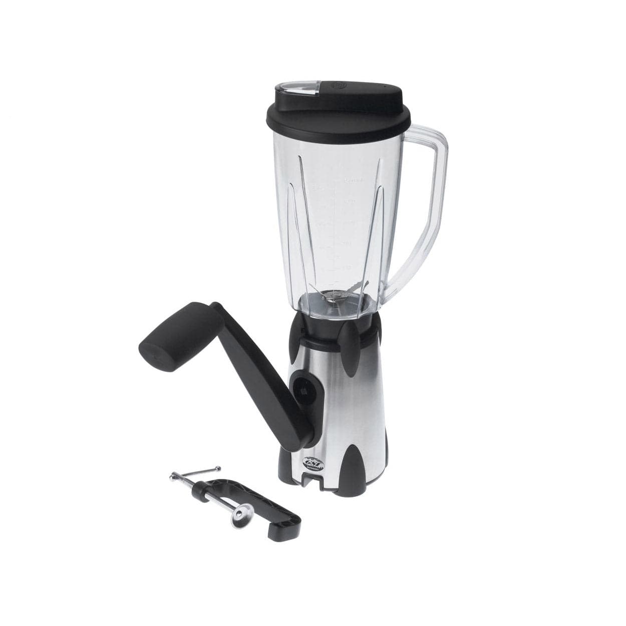 The GSI Outdoors Vortex Blender, a sleek and portable device with a crank handle on a sturdy metal base, is shown beside its disassembled parts against a white background.