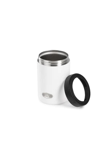 The Standard Can Cozy by GSI Outdoors is a sleek white cylindrical container with double-wall insulation, a silver interior, an open end, and features a separate BPA-free black screw-on lid.